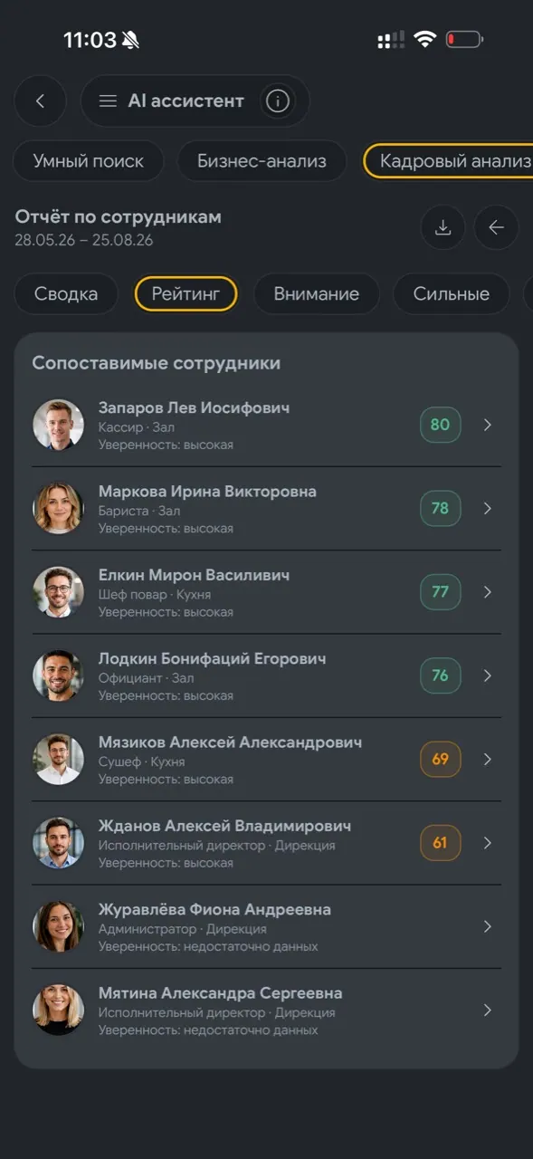 Рейтинг сотрудников в разделе Кадровый анализ Synchra24