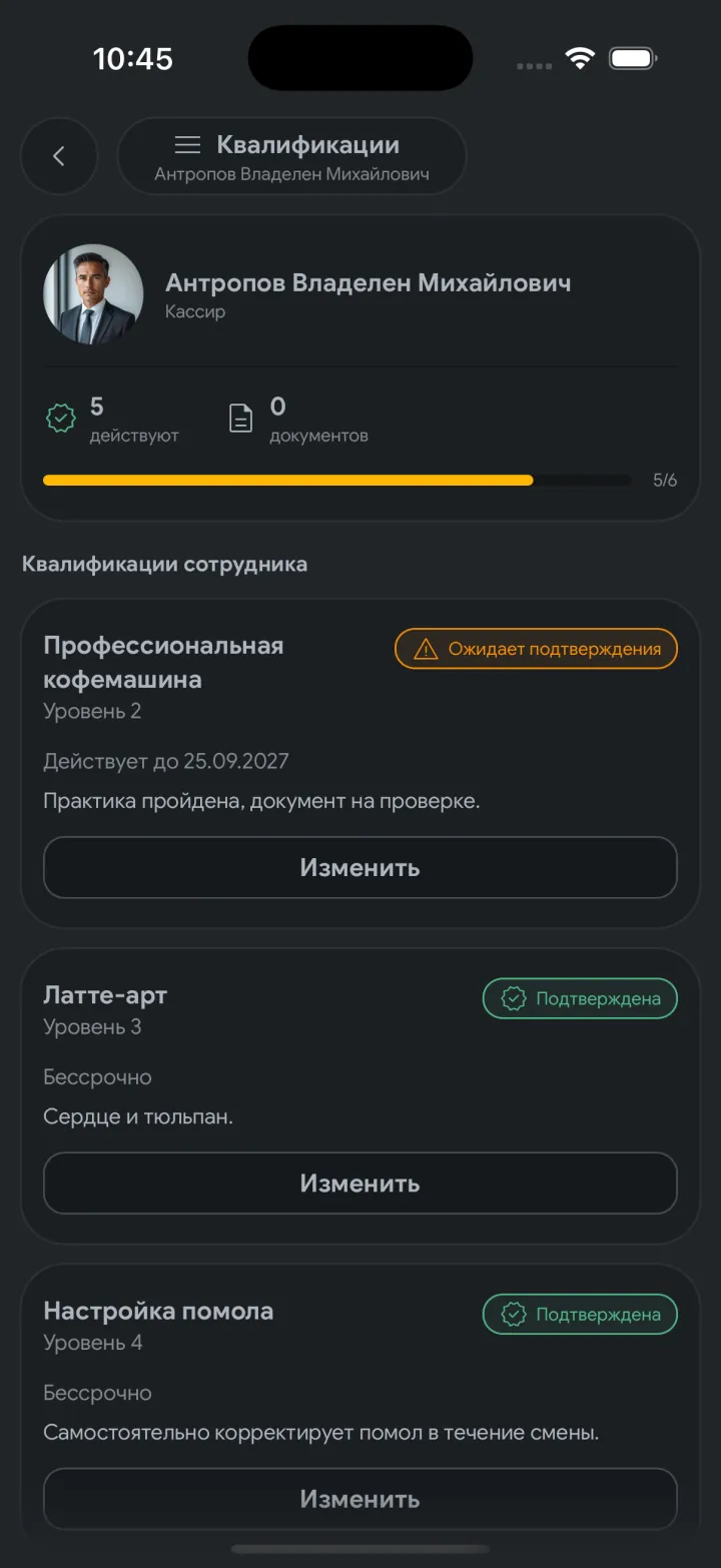Карточка квалификаций сотрудника в Synchra24 1.2.3