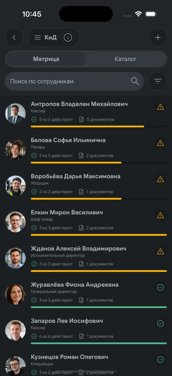 Матрица квалификаций и допусков сотрудников в Synchra24 1.2.3